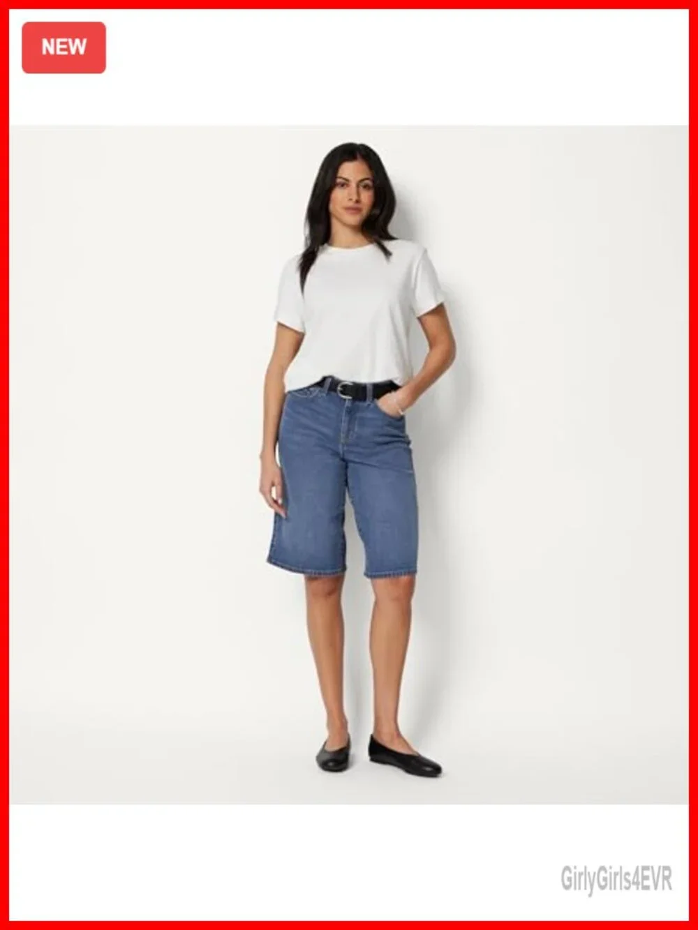 Women's Relaxed-Fit Mid-Rise Long Jean Shorts Bermuda Denim Stretch Cotton